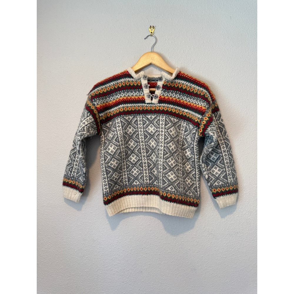 Vintage Kids Nordic Wool Sweater Fair Isle Grey Red Silver Clasp Scandinavian